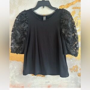 Anthropologie Black Blouse Top, Puffed Lace Sequin Sleeves, Small
